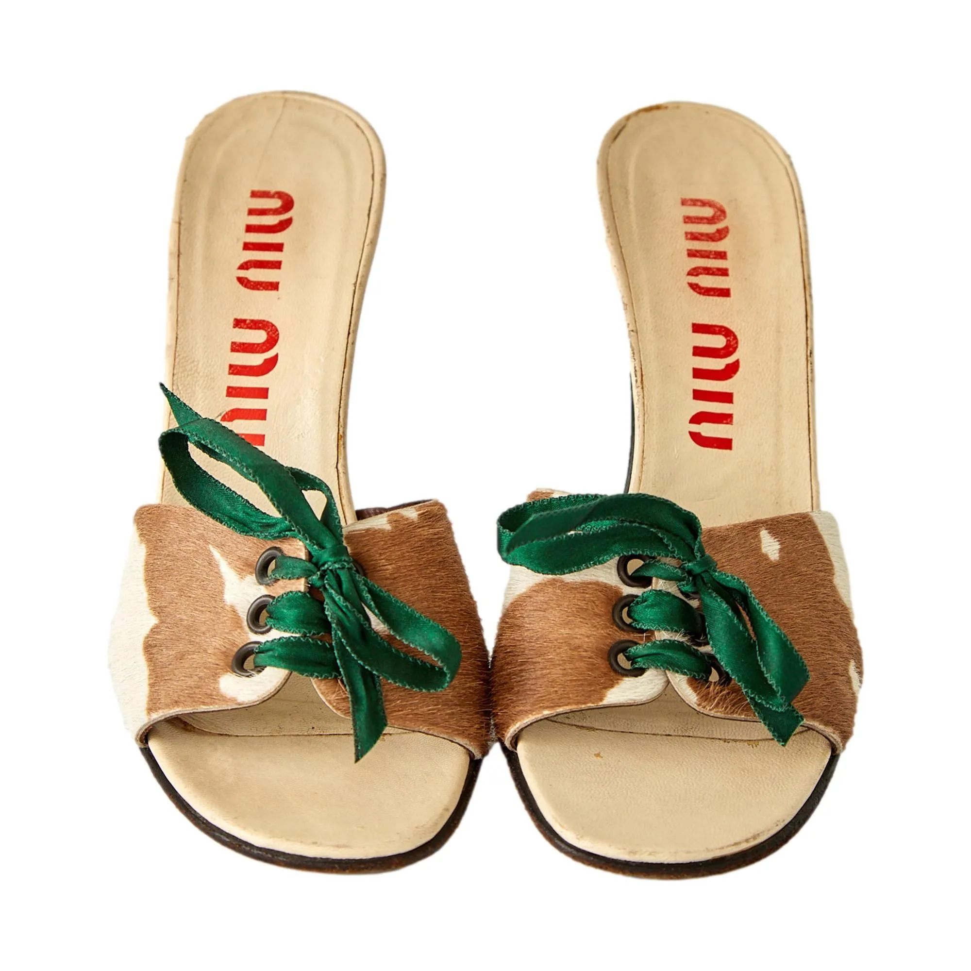 Miu Miu Cow Print Ribbon Heels