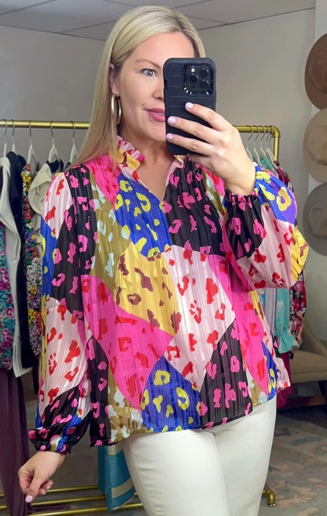 MORE COLORS Abstract Leopard Print Pleated Blouse