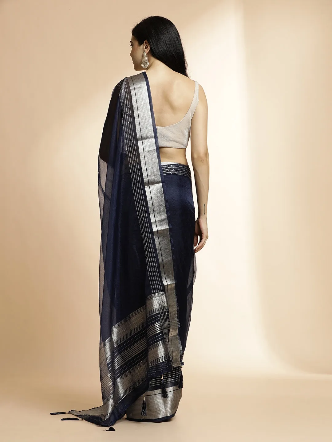 Navy Blue Woven Design Khadi Organza Saree