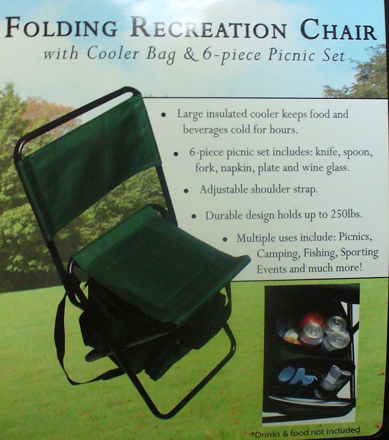New Foldable Recreation Chair with Cooler Bag & 6 Pc Picnic Set! 250 lb Weight Capacity! Great for Camping, Fishing, Sports Events & More!