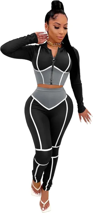 NEW Retails $65, Erichman Women's 2 PCS Fashion Stitching Colors Yoga Sports Suit Long Sleeve Front Zip Hooded Top High Waist Leggings, Sz M