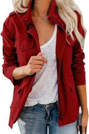 NEW Retails $70 chouyatou Women's Fall Stand Collar Zip Up Military Cotton Utility Safari Jacket Sz Large, Wine Red