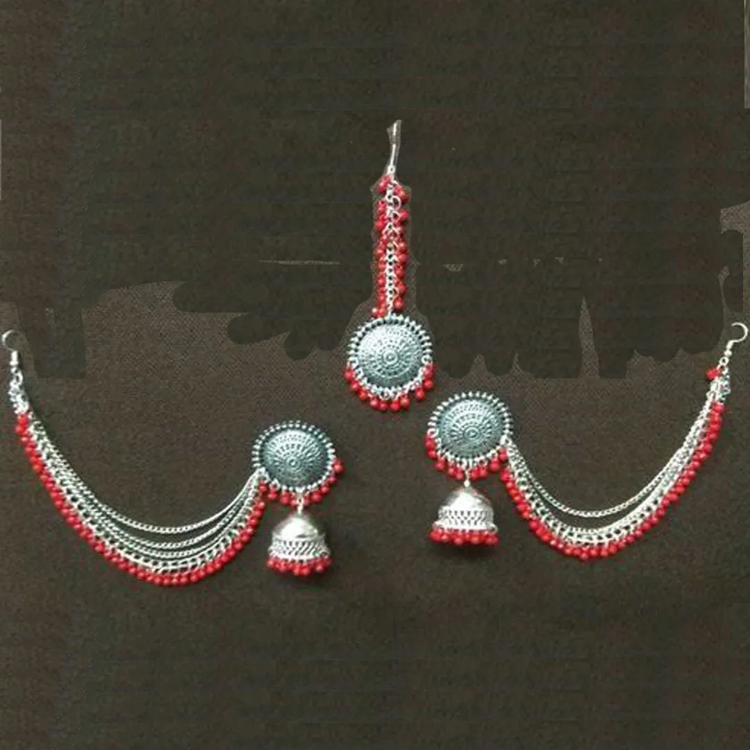 Pack of 2 Red Multicolor Bahubali Jhumka With Maang Tikka