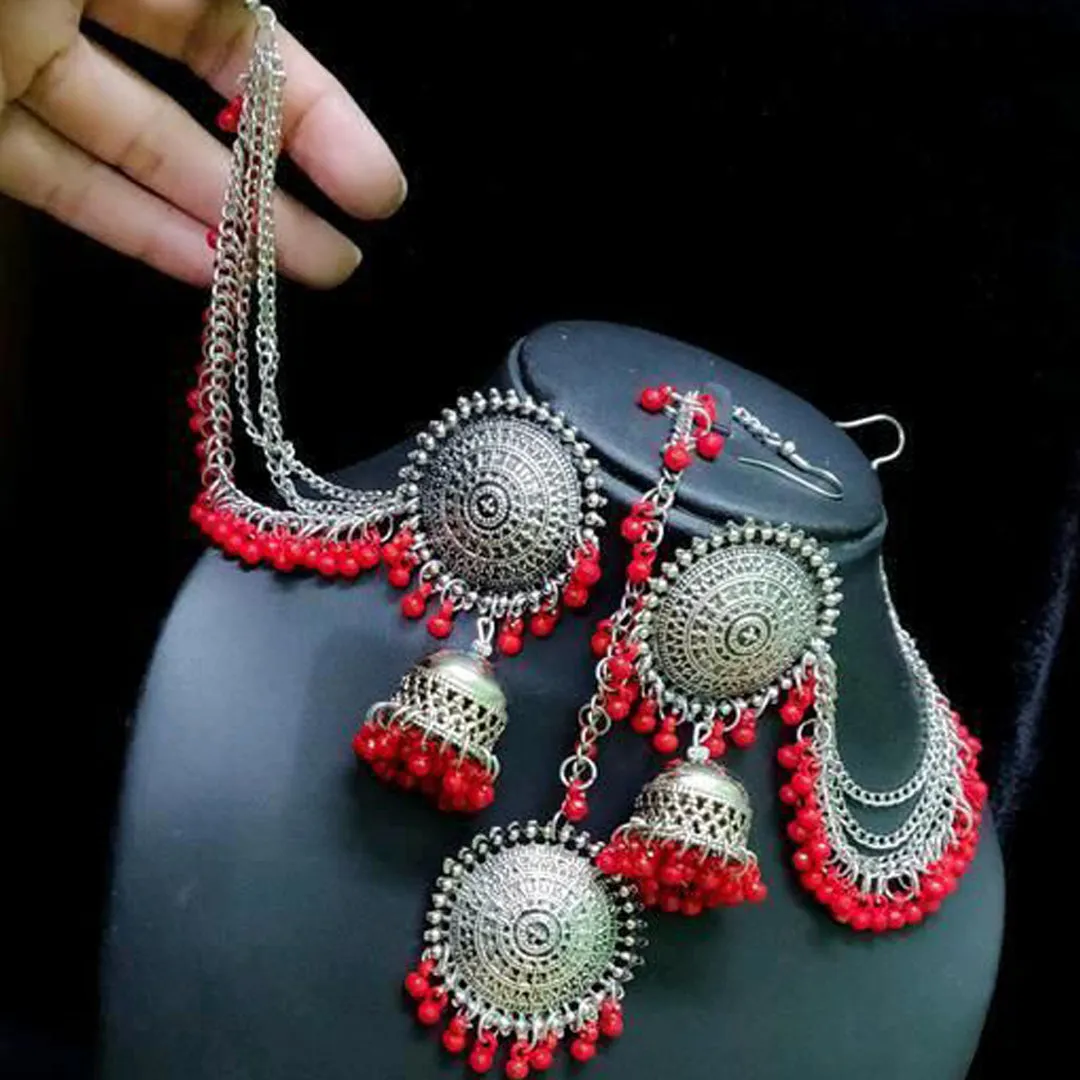 Pack of 2 Red Multicolor Bahubali Jhumka With Maang Tikka
