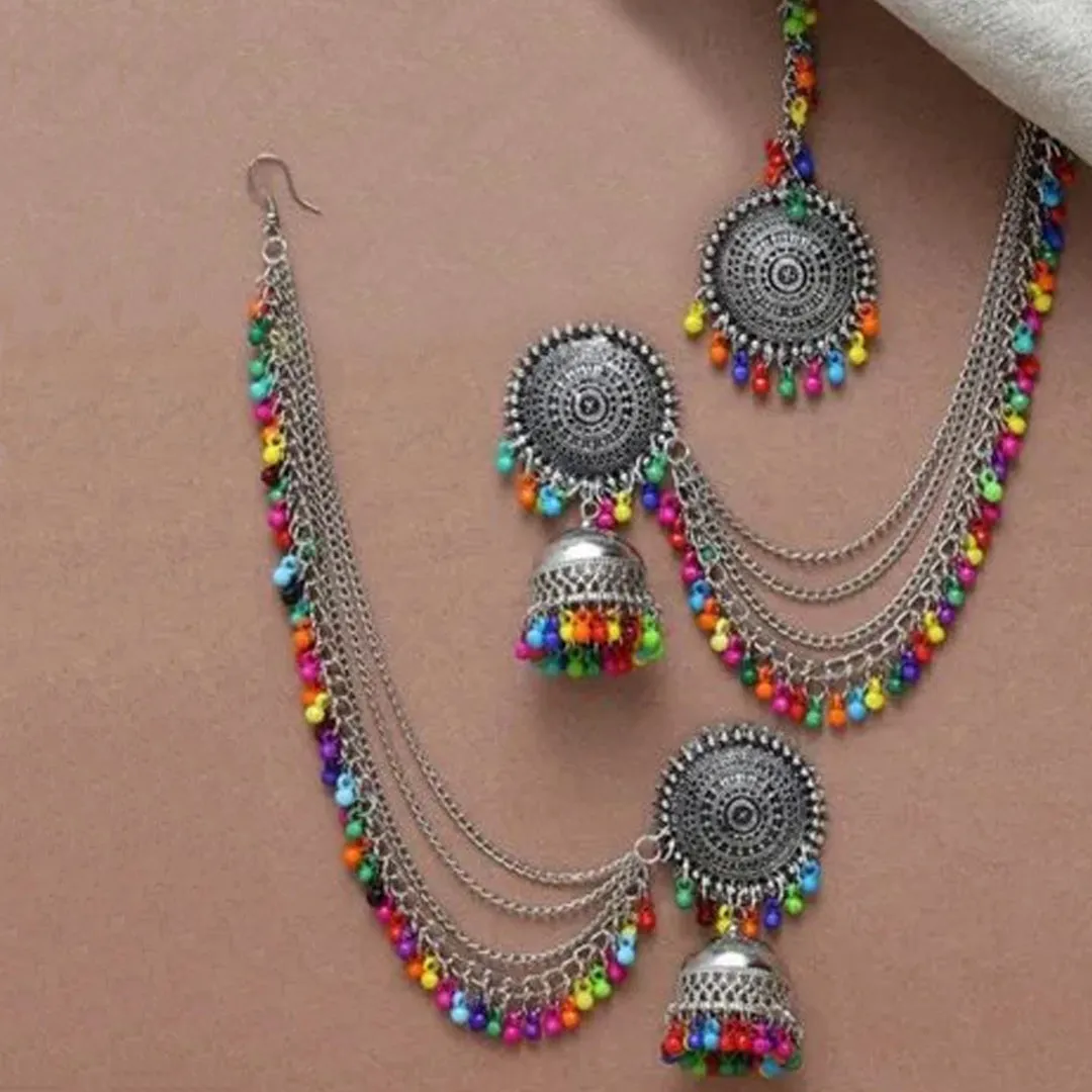 Pack of 2 Red Multicolor Bahubali Jhumka With Maang Tikka