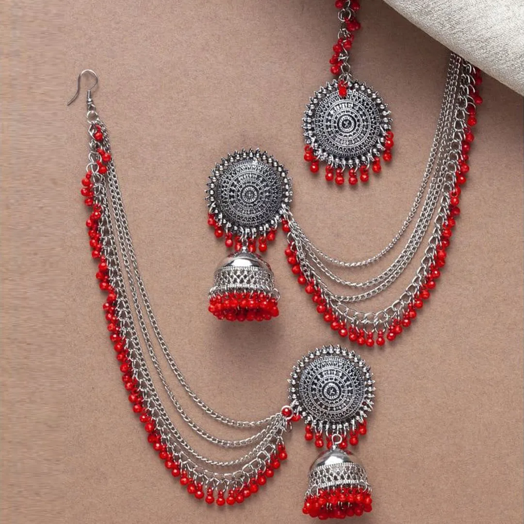 Pack of 2 Red Multicolor Bahubali Jhumka With Maang Tikka