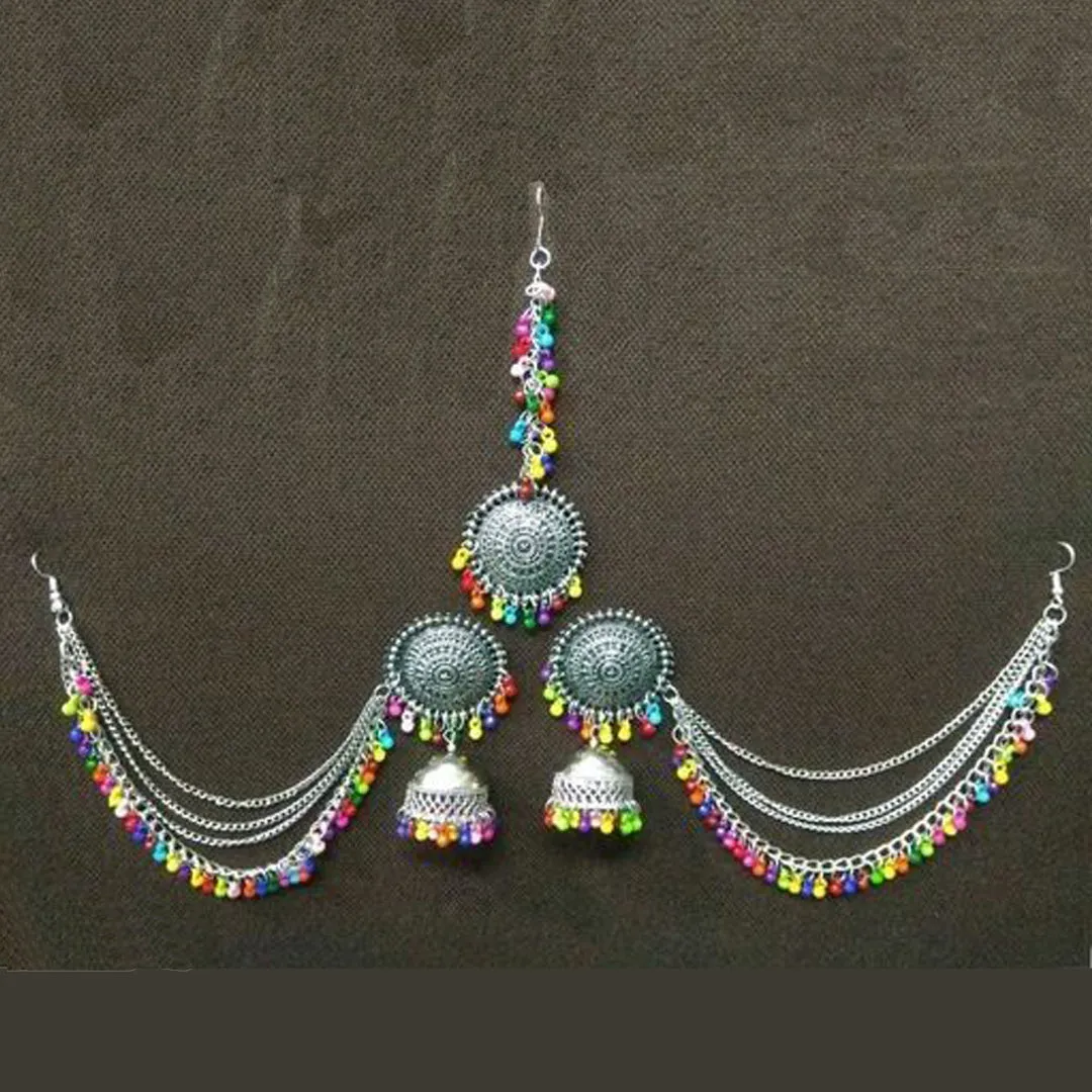 Pack of 2 Red Multicolor Bahubali Jhumka With Maang Tikka