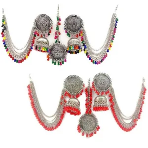 Pack of 2 Red Multicolor Bahubali Jhumka With Maang Tikka