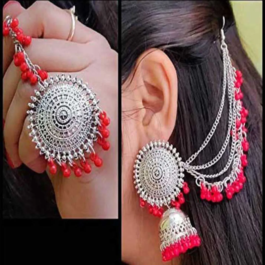 Pack of 2 Red Multicolor Bahubali Jhumka With Maang Tikka