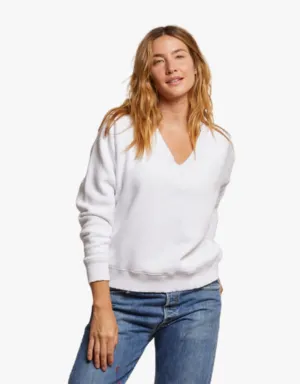 Perfect White Tee Dakota Fleece Long Sleeve V Neck Sweatshirt in White