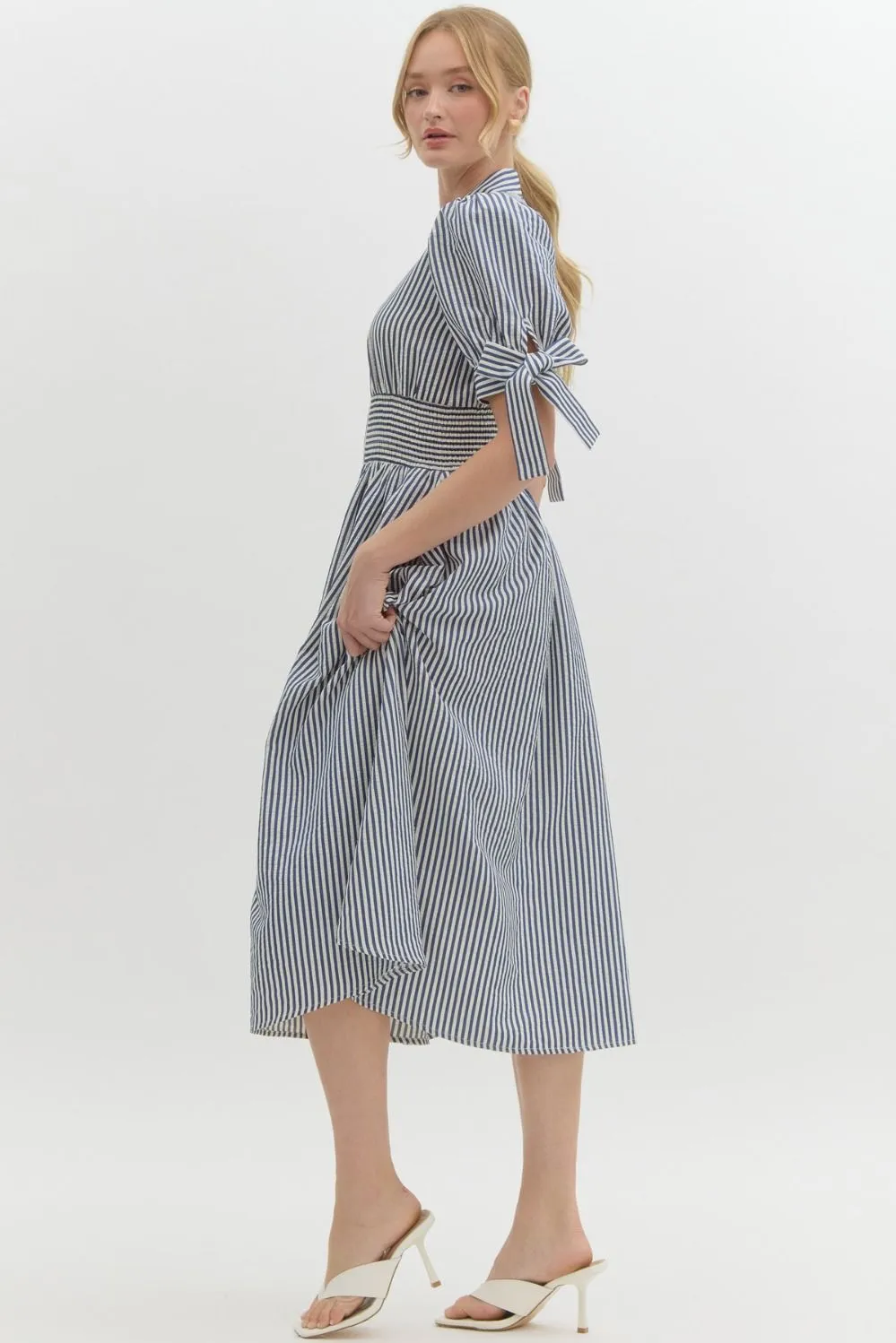 Pin Stripe Short Puff Sleeve With Self-Tie Bow