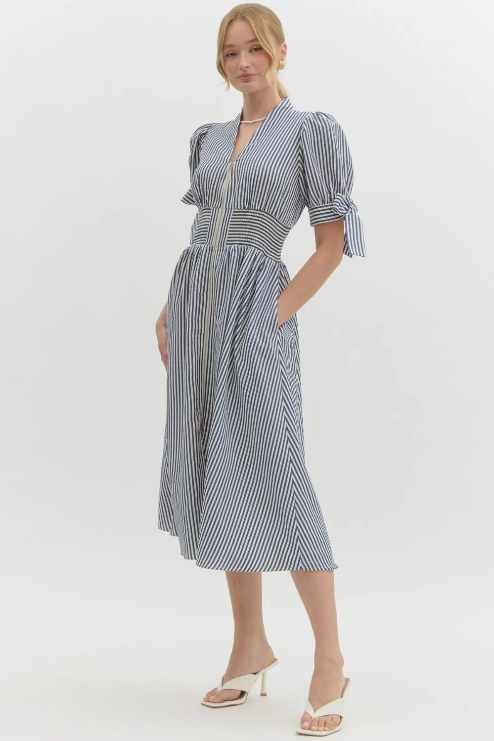 Pin Stripe Short Puff Sleeve With Self-Tie Bow