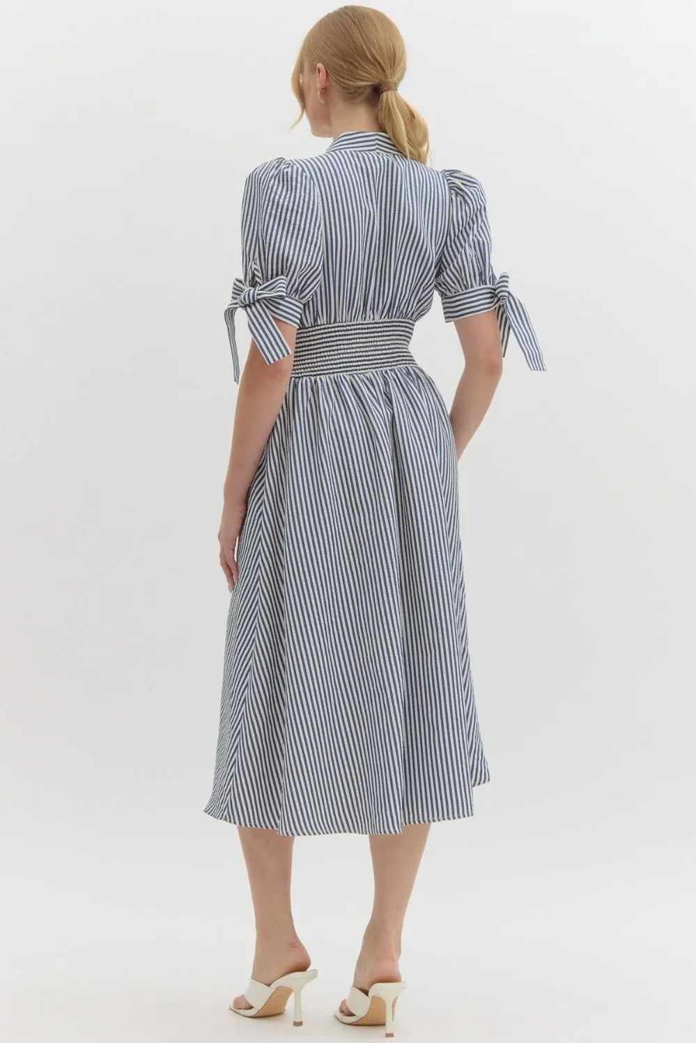Pin Stripe Short Puff Sleeve With Self-Tie Bow