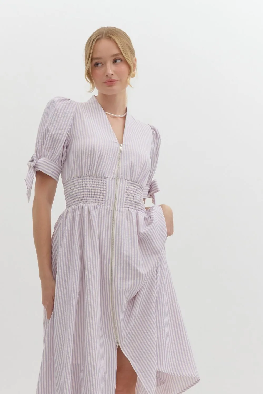 Pin Stripe Short Puff Sleeve With Self-Tie Bow