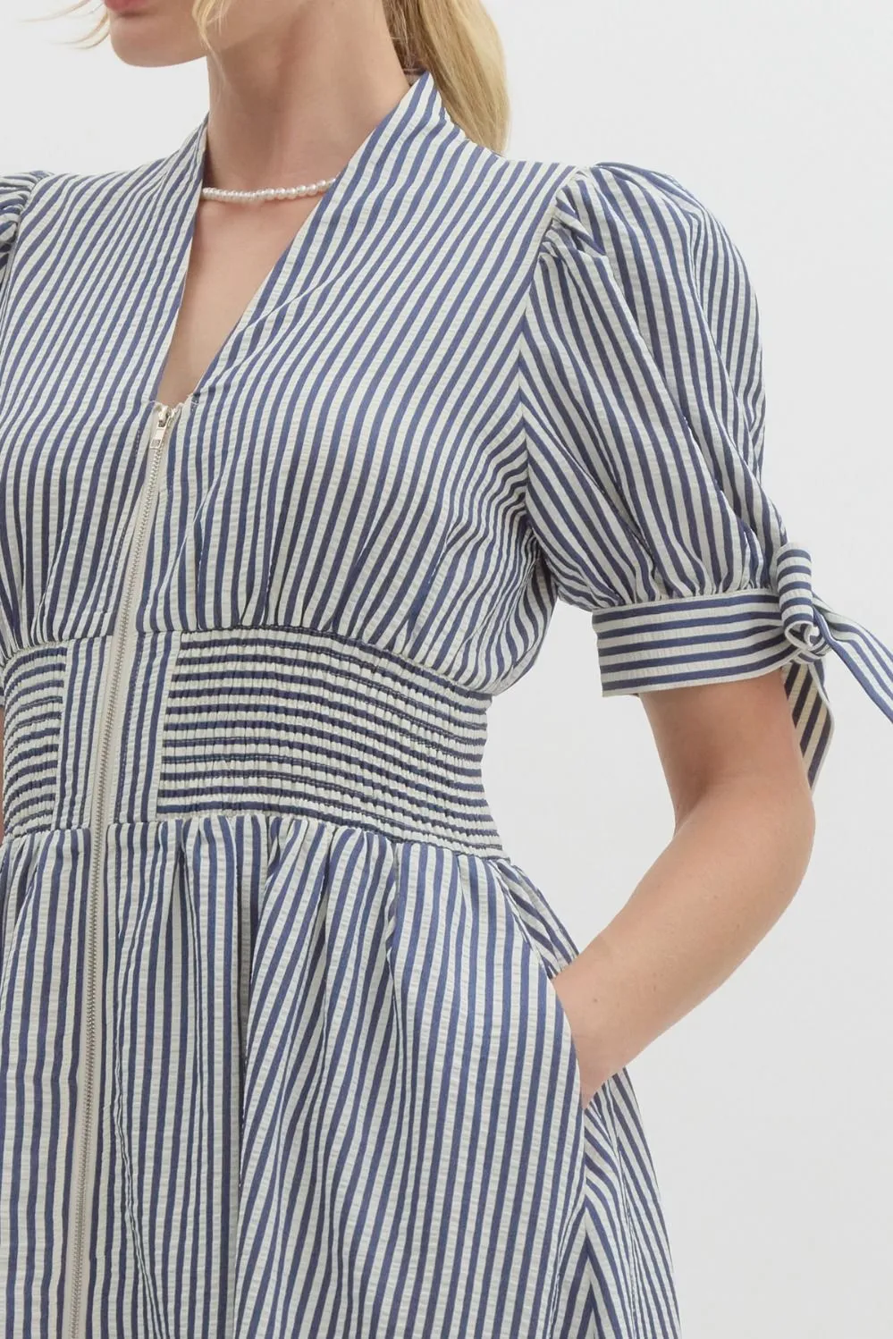 Pin Stripe Short Puff Sleeve With Self-Tie Bow