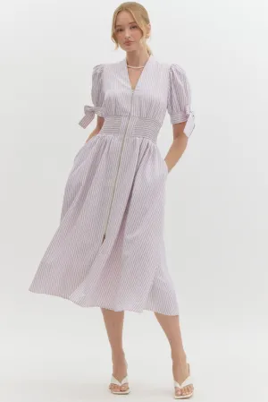 Pin Stripe Short Puff Sleeve With Self-Tie Bow