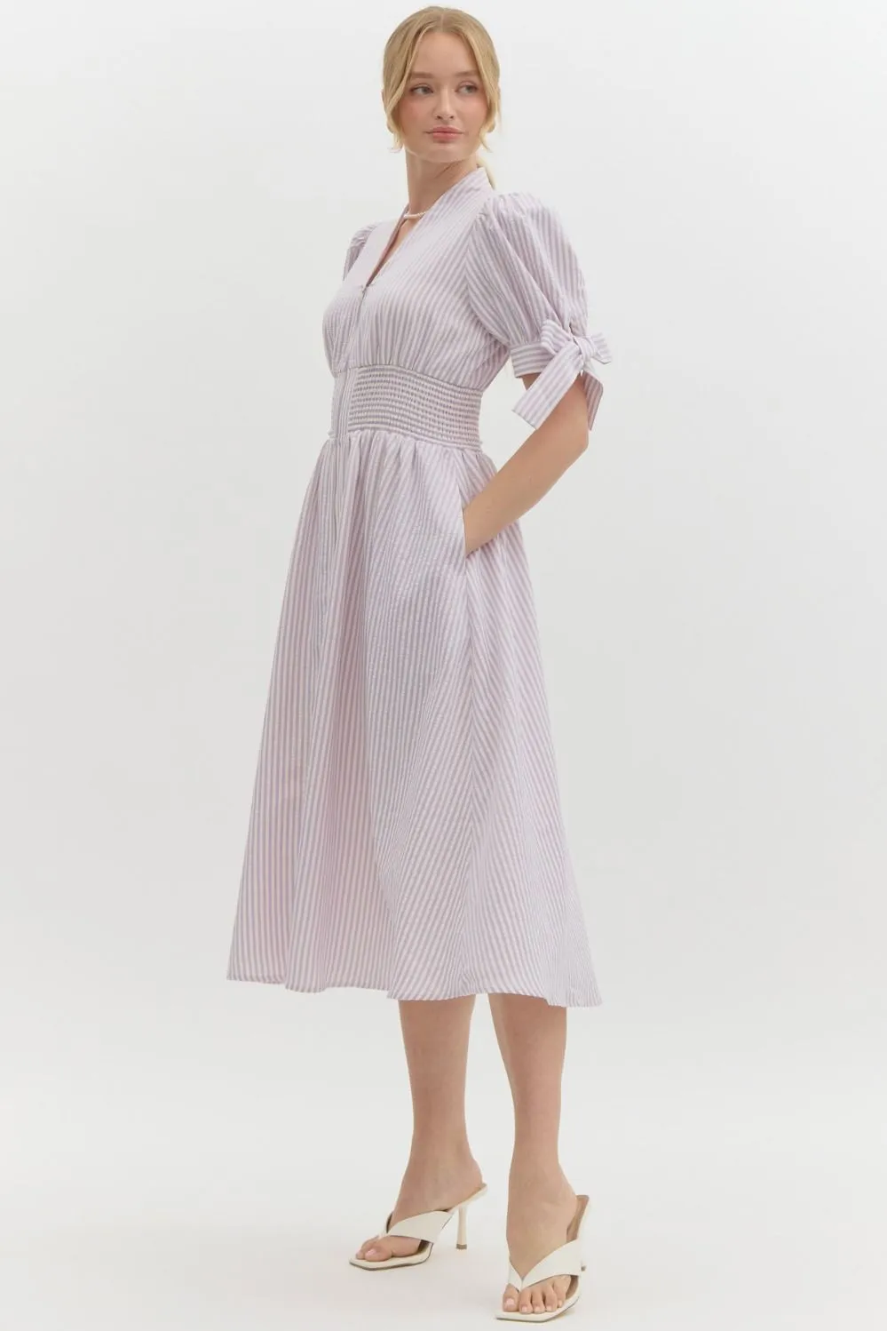 Pin Stripe Short Puff Sleeve With Self-Tie Bow