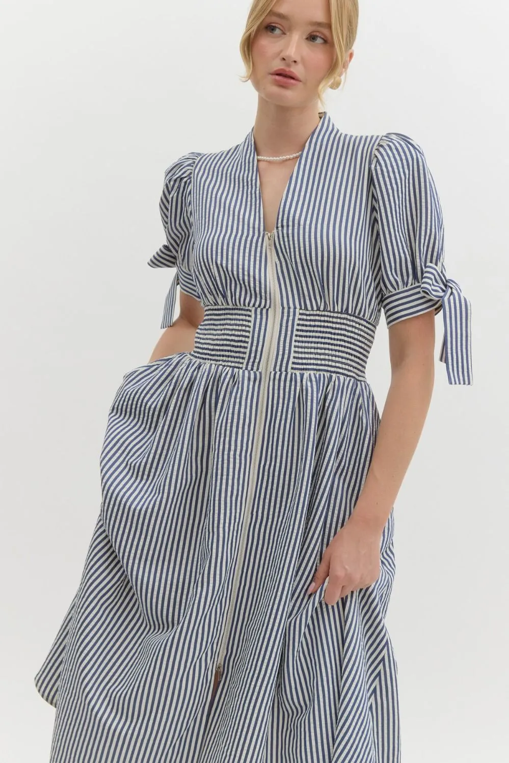 Pin Stripe Short Puff Sleeve With Self-Tie Bow