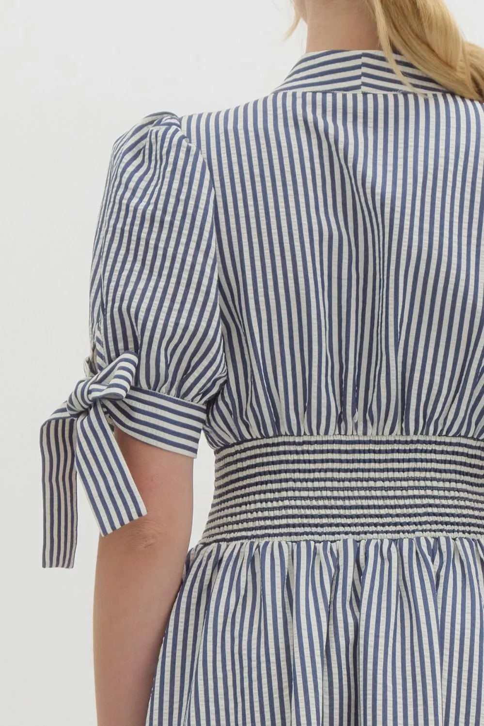 Pin Stripe Short Puff Sleeve With Self-Tie Bow
