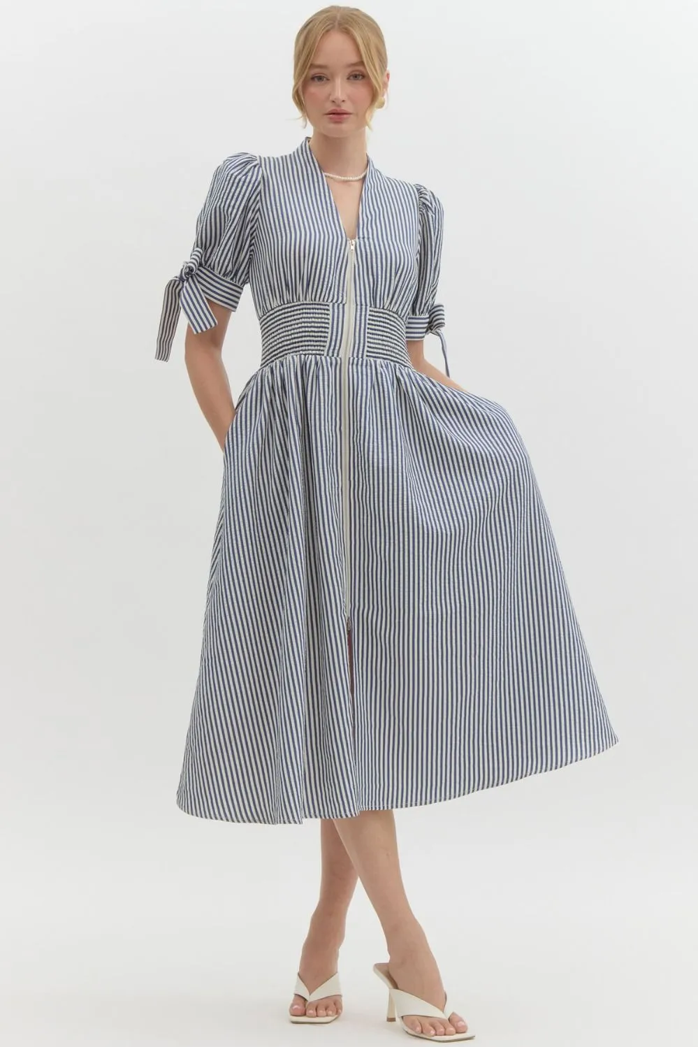 Pin Stripe Short Puff Sleeve With Self-Tie Bow