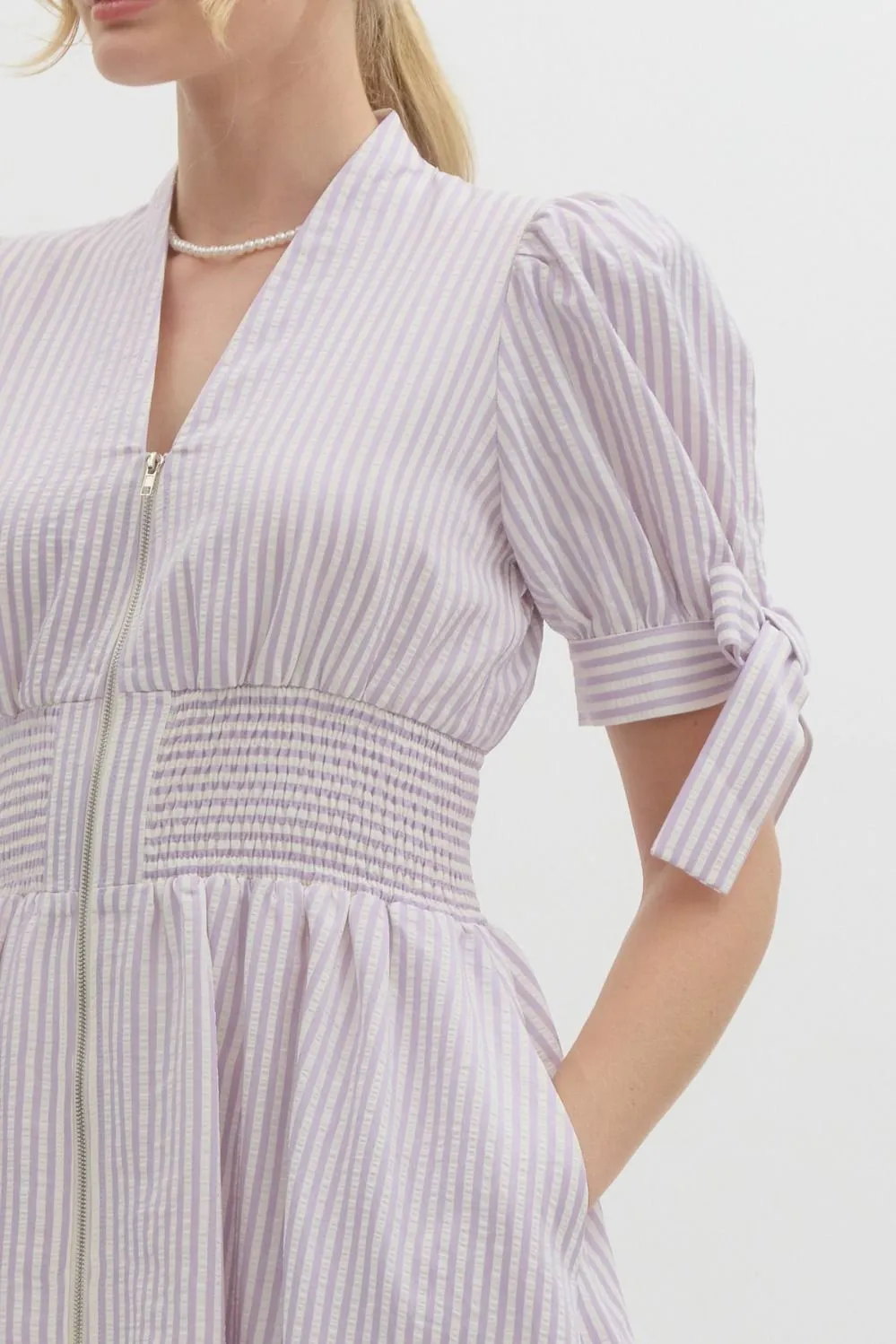 Pin Stripe Short Puff Sleeve With Self-Tie Bow