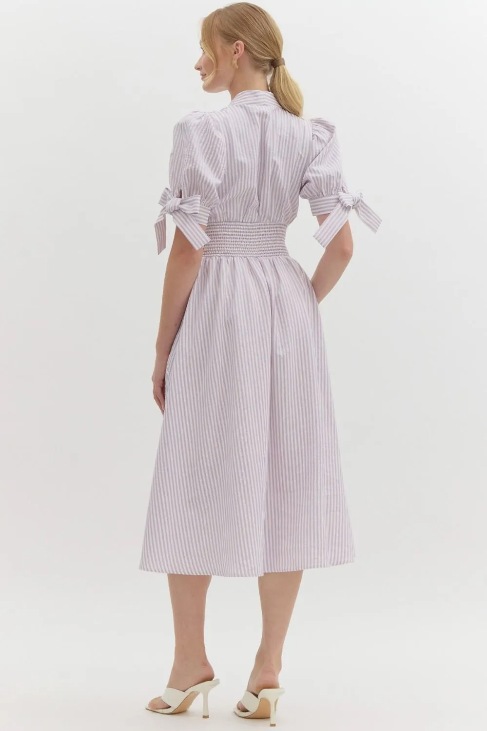 Pin Stripe Short Puff Sleeve With Self-Tie Bow