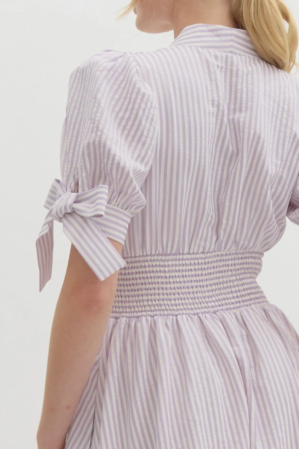 Pin Stripe Short Puff Sleeve With Self-Tie Bow