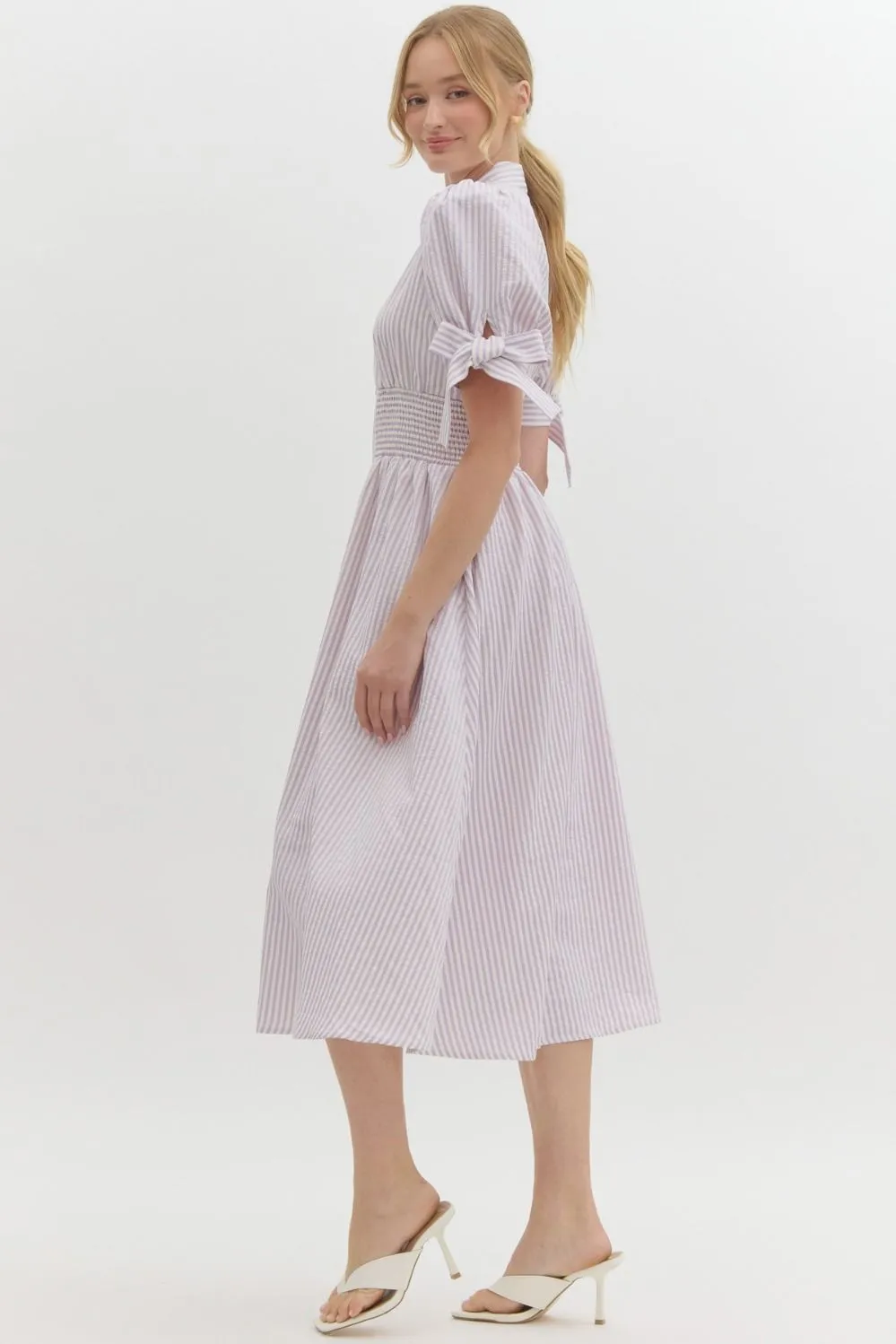 Pin Stripe Short Puff Sleeve With Self-Tie Bow