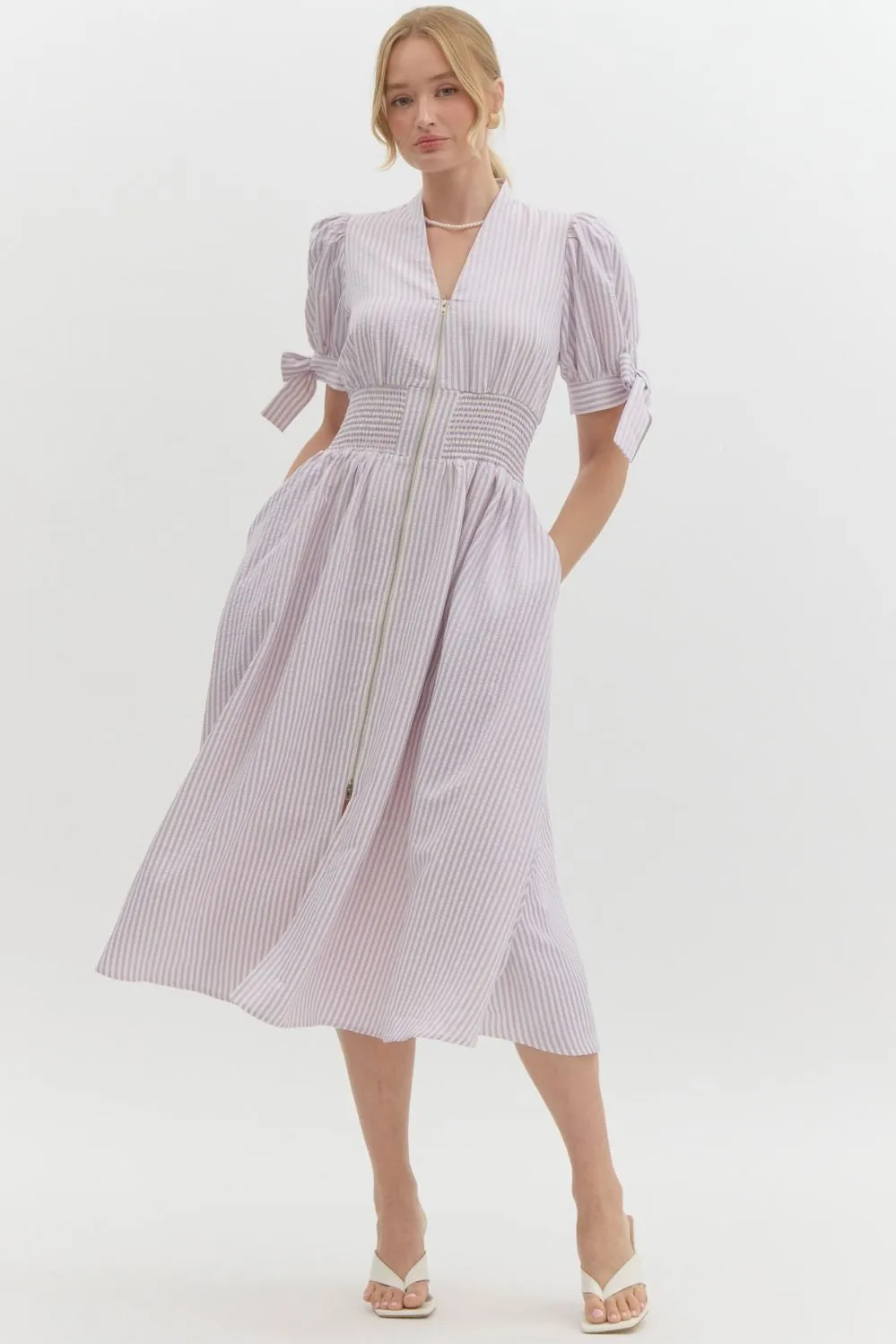 Pin Stripe Short Puff Sleeve With Self-Tie Bow