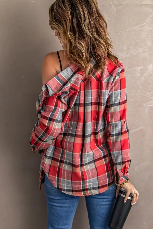 Plaid Button Blouse with Pocket