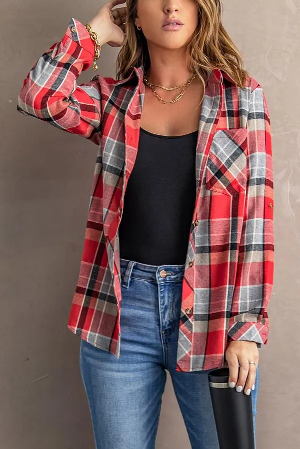 Plaid Button Blouse with Pocket
