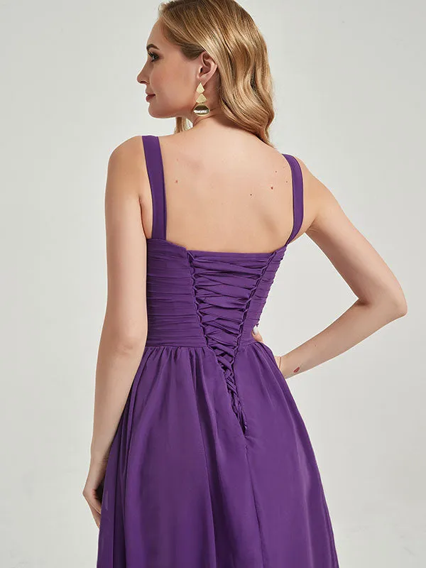 Plum Sleeveless Wide Strap Pleated Bridesmaid Dress for Wedding Party