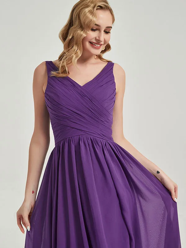 Plum Sleeveless Wide Strap Pleated Bridesmaid Dress for Wedding Party