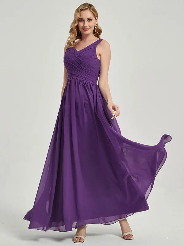 Plum Sleeveless Wide Strap Pleated Bridesmaid Dress for Wedding Party