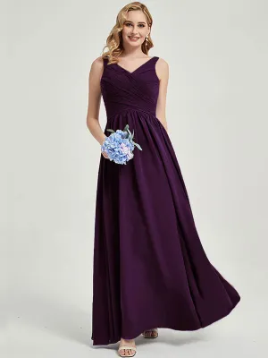 Plum Sleeveless Wide Strap Pleated Bridesmaid Dress for Wedding Party