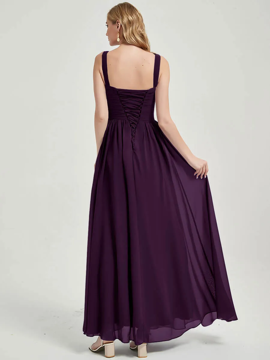 Plum Sleeveless Wide Strap Pleated Bridesmaid Dress for Wedding Party