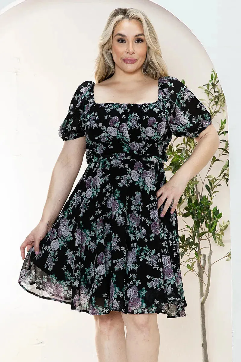 Plus Size Floral Short Balloon Sleeve Mini Dress