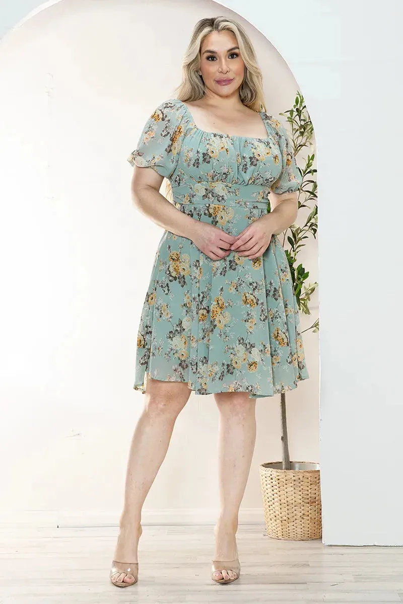 Plus Size Floral Short Balloon Sleeve Mini Dress