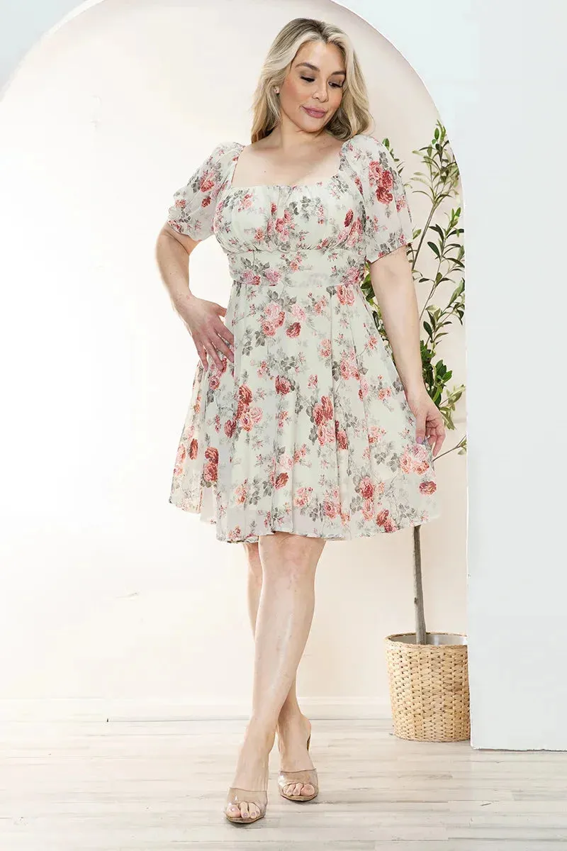 Plus Size Floral Short Balloon Sleeve Mini Dress