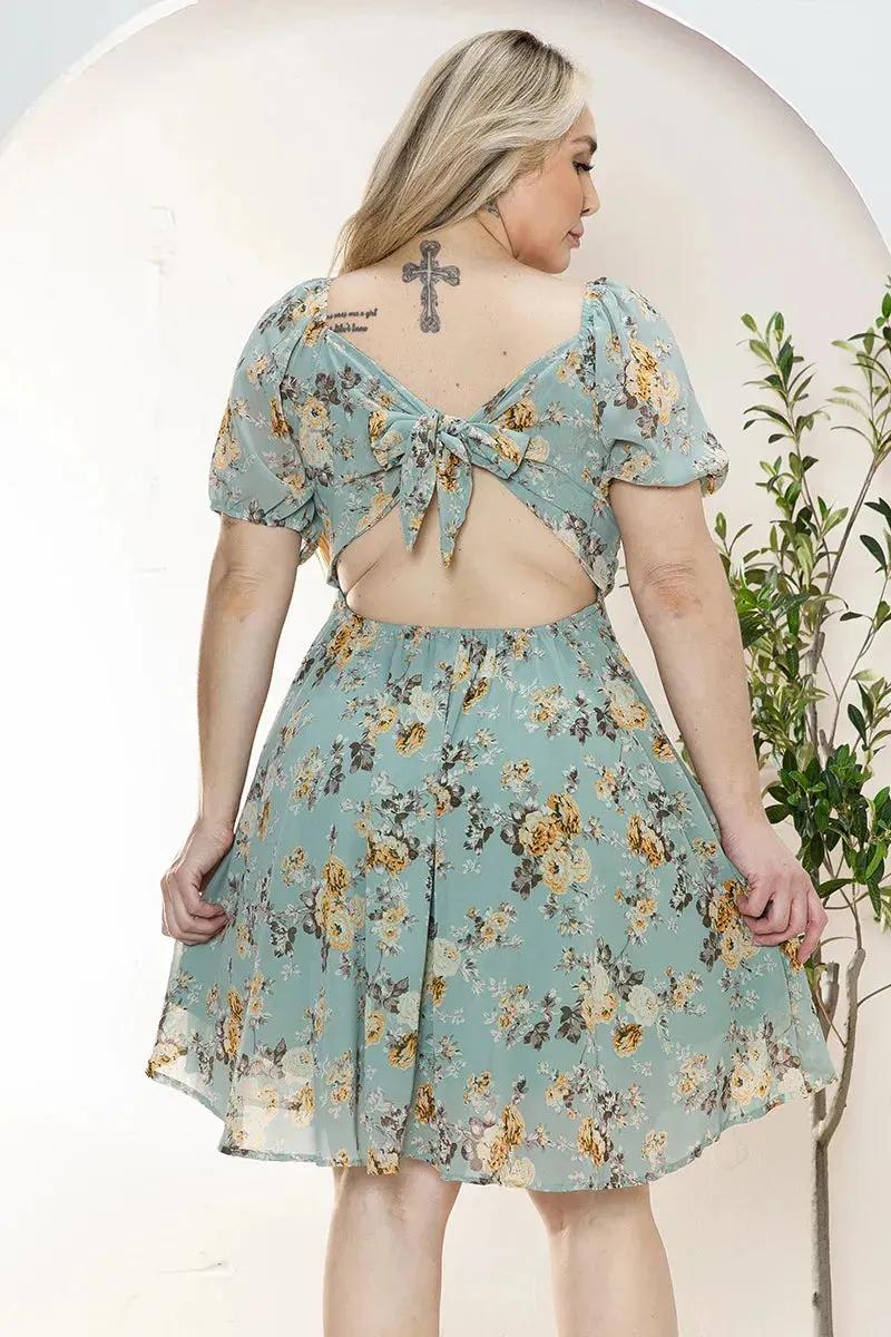Plus Size Floral Short Balloon Sleeve Mini Dress