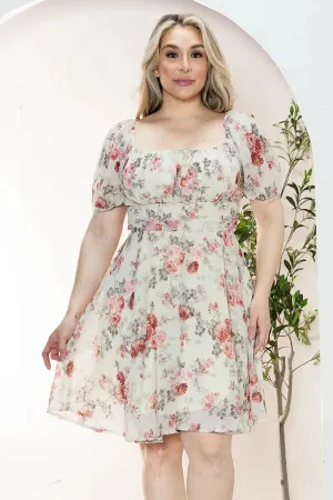 Plus Size Floral Short Balloon Sleeve Mini Dress