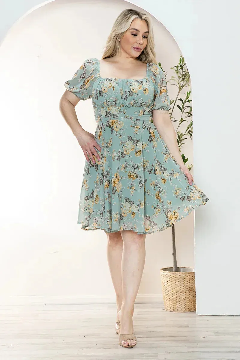 Plus Size Floral Short Balloon Sleeve Mini Dress