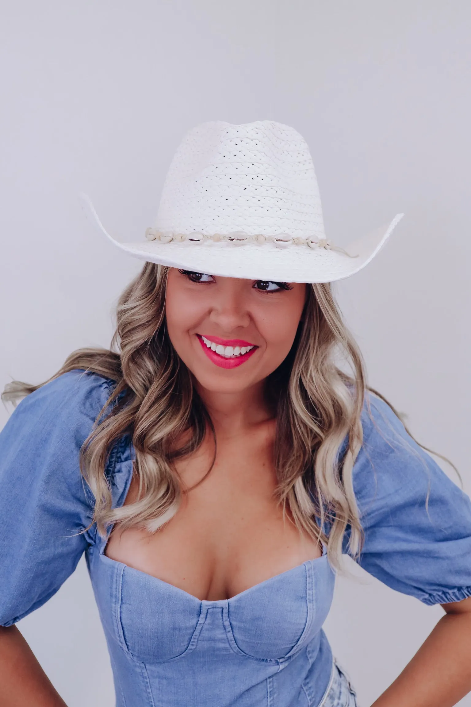 Puka Shell Woven Cowgirl Hat - White