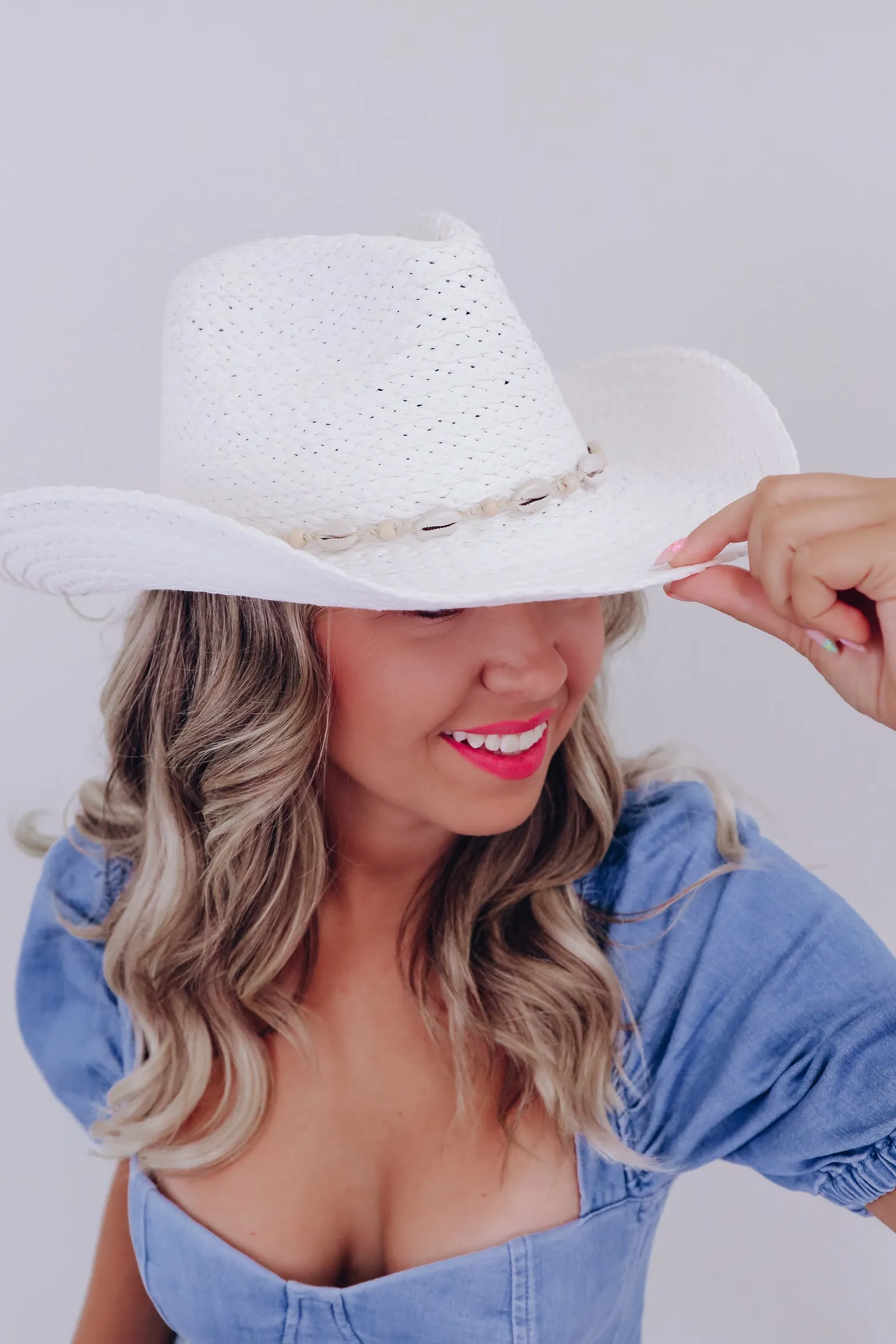 Puka Shell Woven Cowgirl Hat - White