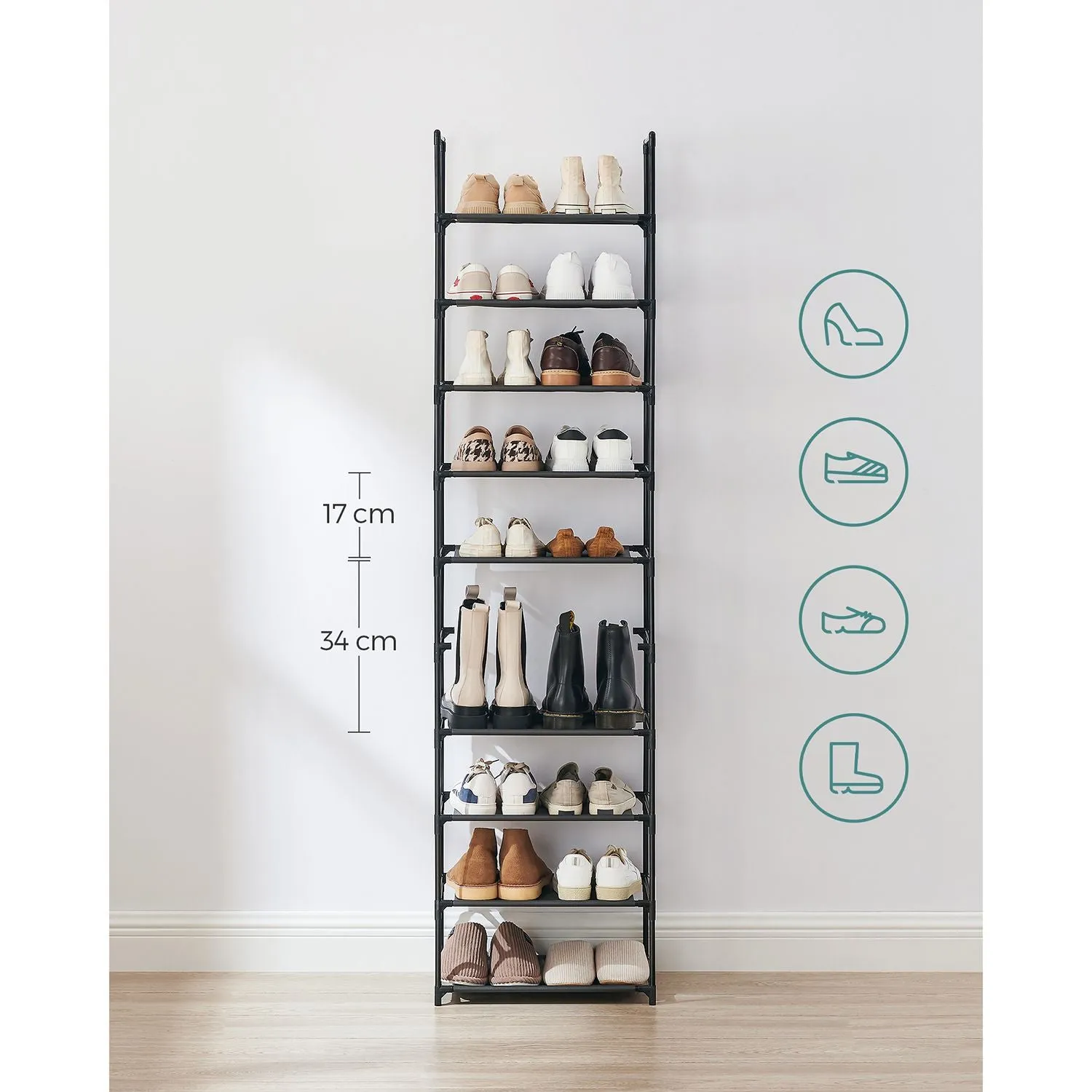 Rootz 10 Tier Shoe Rack - Shoe Organizer - Shoe Storage - Metal Tubes - Non-Woven Fabric Shelves - Space Saving - Easy Assembly - Versatile - 45cm x 28cm x 173cm