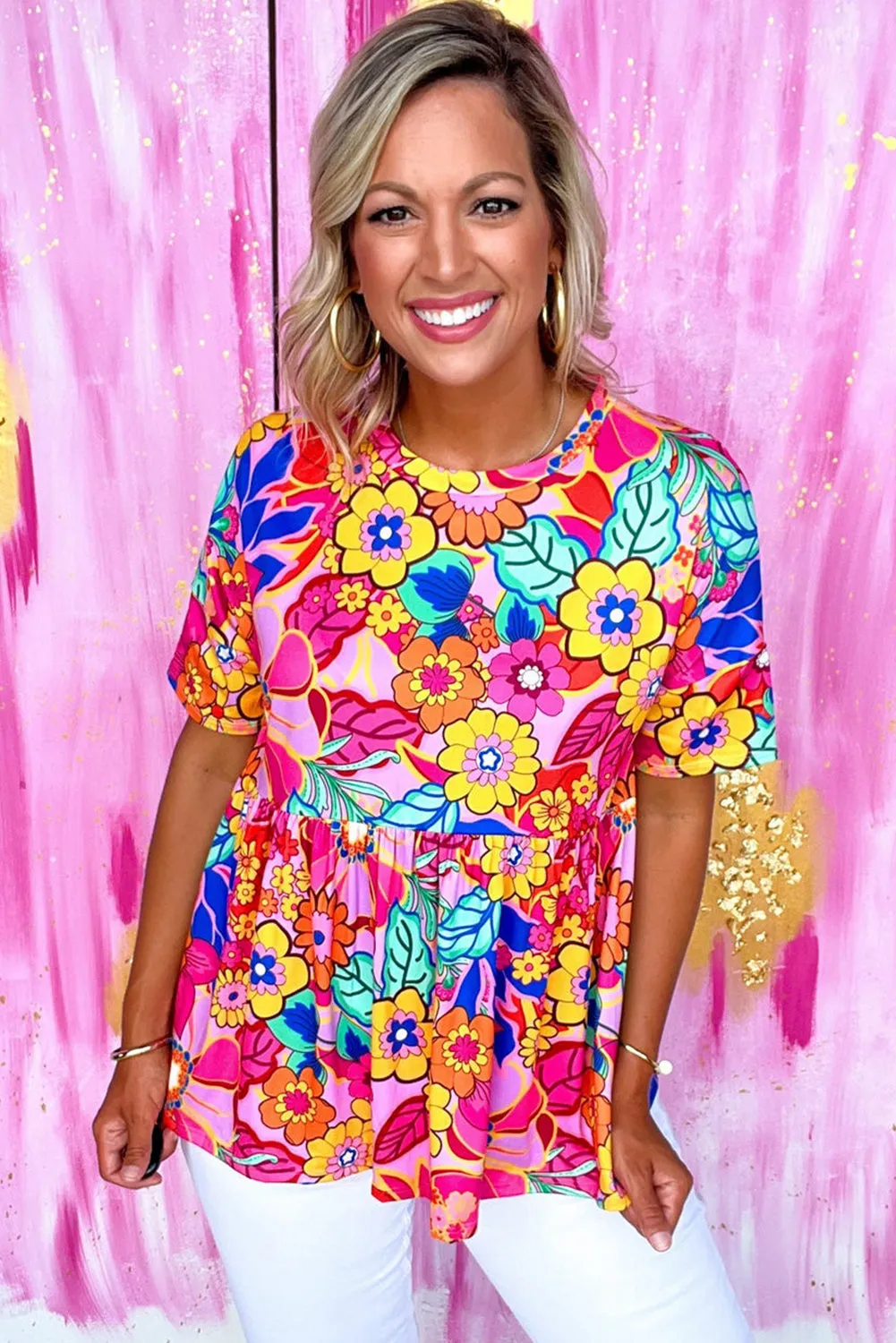 Rose Abstract / Floral Print Short Sleeve Pleated Babydoll Top