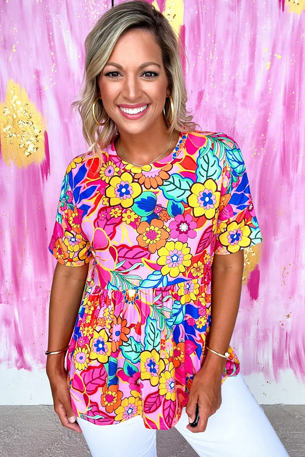 Rose Abstract / Floral Print Short Sleeve Pleated Babydoll Top