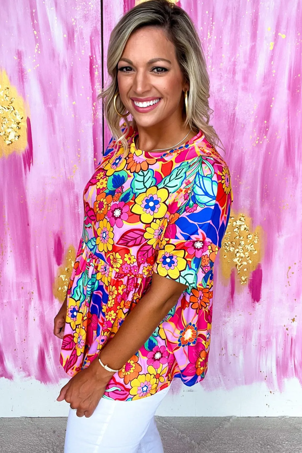 Rose Abstract / Floral Print Short Sleeve Pleated Babydoll Top