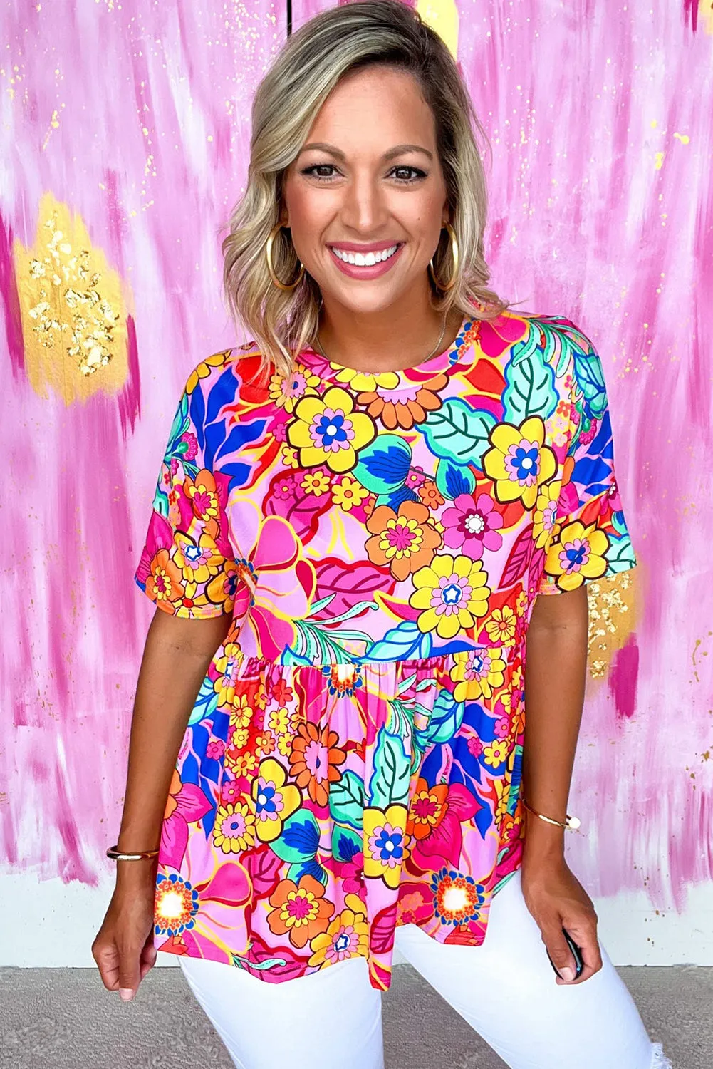 Rose Abstract / Floral Print Short Sleeve Pleated Babydoll Top
