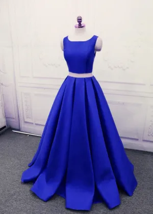 Royal Blue Satin Two Piece Stylish Formal Dresses, Cute Party Dresses, Floor Length Party Dress